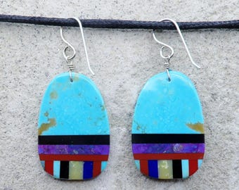Native American Jewelry-Santo Domingo-Turquoise & Multi-Stone Inlay Dangle Earrings-Ronald Chavez