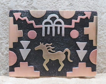 Native American Jewelry-Authentic Santo Domingo/Kewa Pueblo-Three Metal HORSE & RAINCLOUD Belt Buckle-Jeremy Rosetta