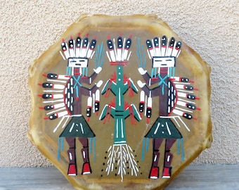 Native American Art-Navajo Hand Painted Cochiti Drum-Yei and Corn Design-Glen Nez