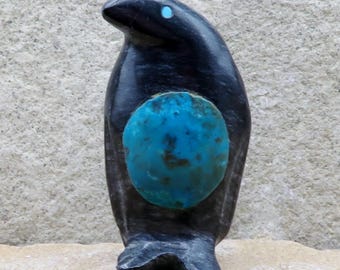 Zuni Fetish-Authentic Native American Animal Carving-Marble & Turquoise PENGUIN-Spirit Animal-Calvert Bowannie
