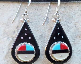 Native American Jewelry-Authentic Zuni Sterling Silver & Stone Inlay Teardrop SUNFACE Dangle Earrings-Leavus Ahiyite