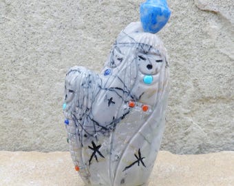 Zuni Fetish-Native American Carving-Picasso Marble OLLA CORN MAIDENS-Sandra Quandelacy