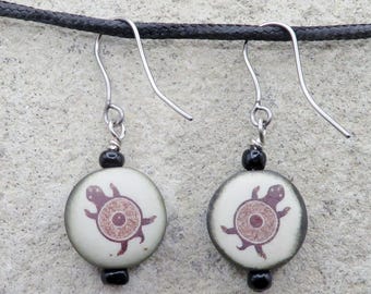 Choctaw-Authentic Native American Jewelry-Clay Two Sided MIMBRES TURTLE Earrings-Marsha Hedrick