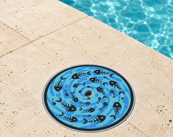 9.84 Inch Pool Skimmer Lid Cover, Fish Skeleton Mosaic 250 mm Round Decorative Replacement, Blue Tile Design