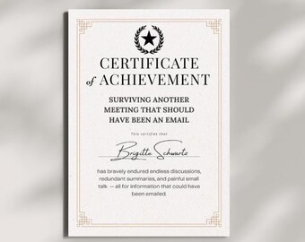 Certificat de récompense Funny Survived Meeting : cadeau de bâillon de bureau (téléchargement numérique imprimable)