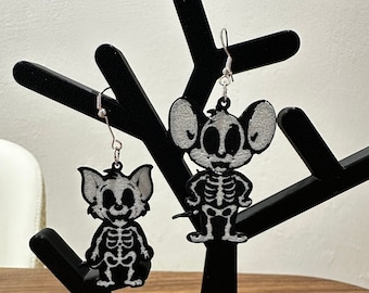 Boucles d'oreilles squelette imprimées en 3D Tom & Jerry | Bijoux d'Halloween | Style cartoon effrayant | Pendants d'oreilles squelette | Léger et unique