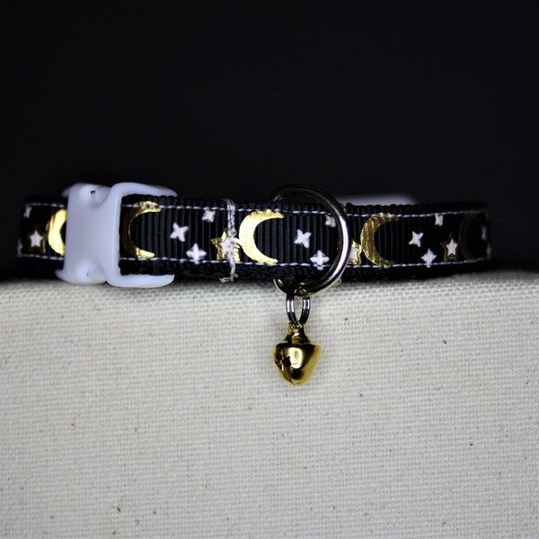 CAT COLLAR | Kitten Collar | Handmade Collar | Moon | Stars | Moon Cat Collar | Twinkle | Black Moon Collar | Gold Bell | Mystical | Magic