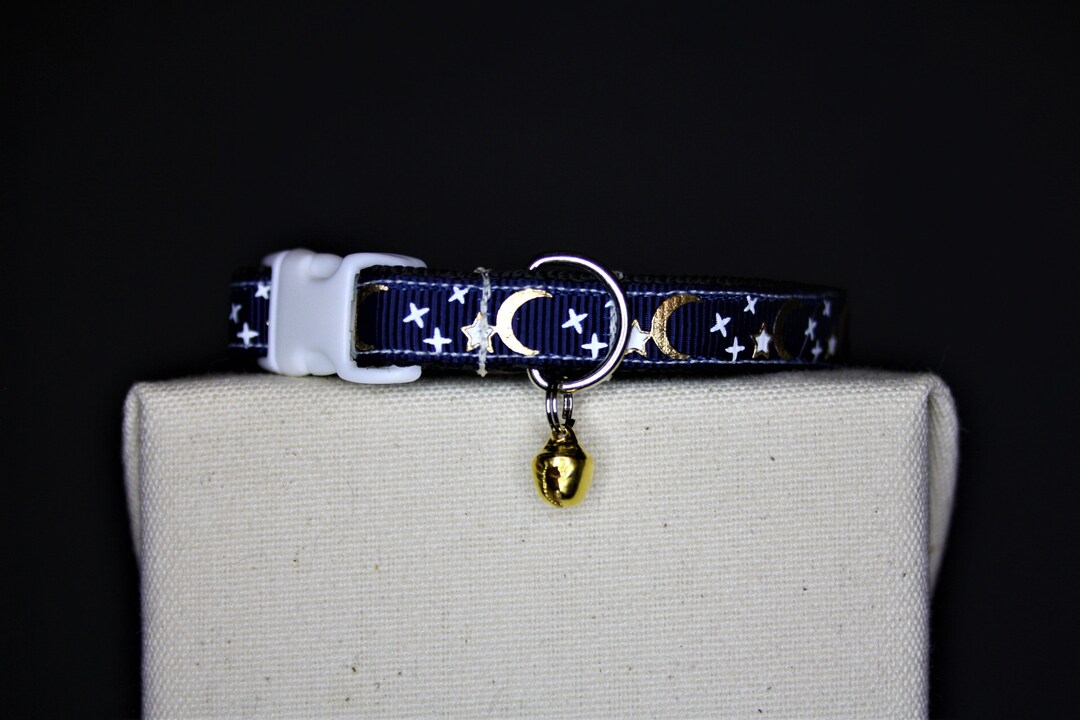 CAT COLLAR Kitten Collar Handmade Collar Moon Stars Moon Cat Collar Pagan Size Adjustable Gold