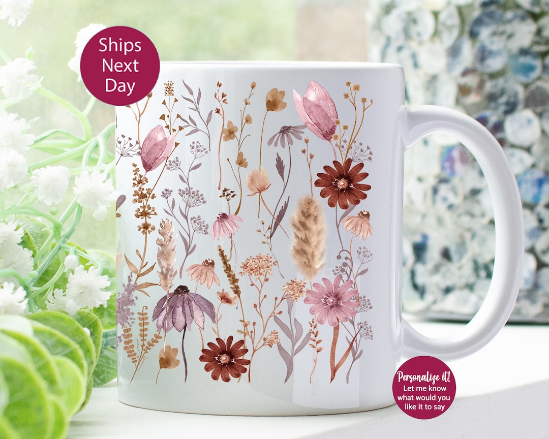 Pressed Flowers Mug, Boho Wildflowers Cottagecore Coffee Mug, Vintage ...