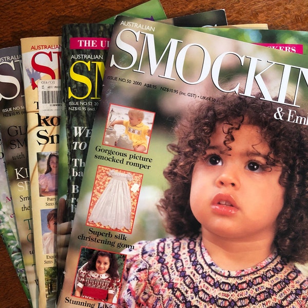 Wählen Sie aus den Ausgaben 50 - 59 Smocking & Embroidery Magazine Australia. Smok Muster für Mädchen, Slow Stitching. (Australischer Verkäufer)