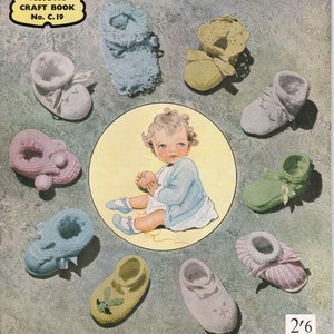 May include: A vintage craft book cover showing a baby surrounded by knitted baby booties in pastel shades. The book is titled "Patons CRAFT BOOK No. C. 19". The baby is holding yarn. The price is 2/6 or 25 cents.