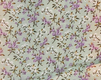 Vintage Floral Fabric. Soft Mint Green With Dainty Lavender and White Sprigs of Flowers. Fabric by the Metre. Australian Seller.