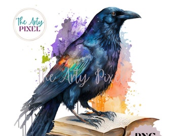 Raven With Book Watercolor PNG, Raven Sublimation Design, Commercial Use Clipart