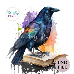 Rabe mit Buch Aquarell PNG, Raben Sublimation Design, Kommerzielle Nutzung Clipart