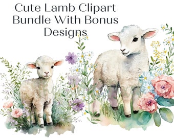 Cute Lamb Clipart, Spring Watercolor PNG Bundle, Commercial Use Graphics