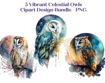 Celestial Owl Clipart, Watercolor Owl Download, Magical Fantasy Graphics, PNG For Commercial Use