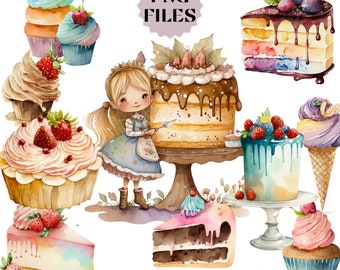 Watercolor Bakery Clipart Set, Cakes And Cupcakes PNG Set, Instant Download, Printable Clipart, Commercial Use