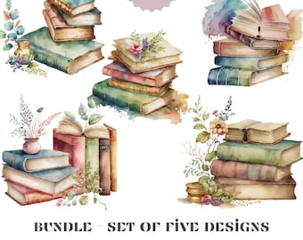 Vintage Boek Clipart Bundel, Aquarel Boeken PNG Set, Instant Download, Sublimatie Boek Ontwerp, Commercieel Gebruik