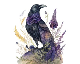 Watercolor Raven Clipart, Raven Floral PNG, Fantasy Sublimation Design, Commercial Use Clipart