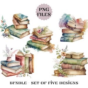 Può includere: Cinque illustrazioni ad acquerello di pile di libri con accenti floreali. Ogni illustrazione presenta una disposizione diversa di libri e fiori. Le illustrazioni sono perfette per aggiungere un tocco di fantasia e fascino a qualsiasi progetto.