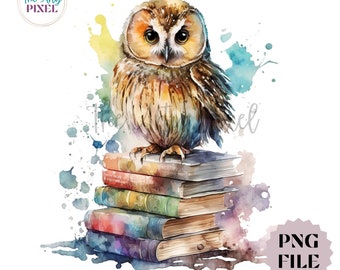 Pretty Owl Watercolor Clipart, Owl With Vintage Books Sublimation Design, Whimsical Clipart, Commercial Use PNG