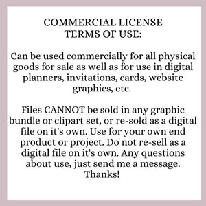 Op de afbeelding: Een digitaal kunstlicentiedocument met de tekst "COMMERCIAL LICENSE TERMS OF USE:" en gebruiksrichtlijnen. Het document staat op een lichtpaarse achtergrond en beschrijft toegestane toepassingen.