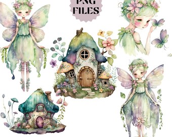 Fairy Aquarel Clipart, Grillige PNG-bundel, Magische Sprookjeshuizen, Commercieel Gebruik Graphics