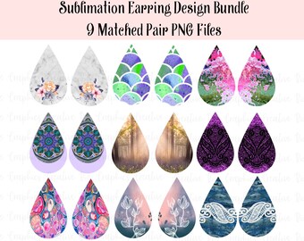 Teardrop Sublimation Earring Designs, PNG Bundle Set, Floral, Lace, Watercolor, Instant Digital Download