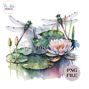 Watercolor Dragonfly Clipart, Lily Pond Design, Pretty Springtime PNG, Instant Download For Commercial Use