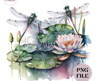 Aquarell Libellen Clipart, Lily Pond Design, hübscher Frühling PNG, sofortiger Download für kommerzielle Nutzung