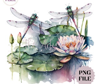 Watercolor Dragonfly Clipart, Lily Pond Design, Pretty Springtime PNG, Instant Download For Commercial Use