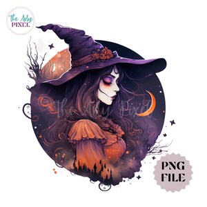 Op de afbeelding: Digitale illustratie van een heks met lang donker haar, die een paarse hoed met rozen en een oranje jurk draagt. Het kunstwerk toont een halve maan, sterren en de tekst "The Arty Pixel" en "PNG FILE". Het kleurenpalet omvat paars, oranje en zwart.