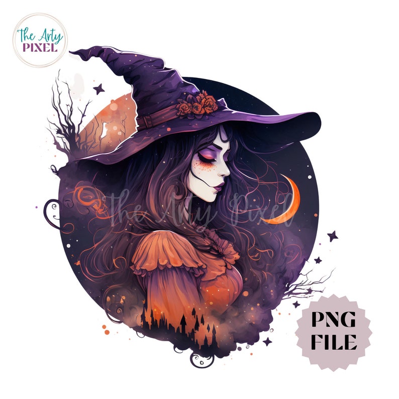 Op de afbeelding: Digitale illustratie van een heks met lang donker haar, die een paarse hoed met rozen en een oranje jurk draagt. Het kunstwerk toont een halve maan, sterren en de tekst "The Arty Pixel" en "PNG FILE". Het kleurenpalet omvat paars, oranje en zwart.