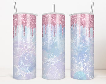 Skinny Tumbler Sublimation Design, Pink Glitter Drip PNG, Snowflake Tumbler Template