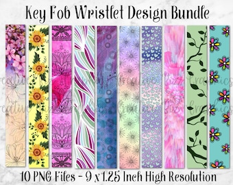 May include: A set of 10 digital designs for key fobs or wristlets. The designs feature various patterns, including sunflowers, hearts, mandala-like patterns, and floral designs. The designs are in a variety of colors, including pink, blue, green, and yellow. The designs are 9 inches by 1.25 inches and are high resolution.