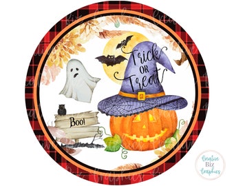 Halloween Sign Sublimation Design, Trick Or Treat Pumpkin Door Hanger PNG, Sublimation Wreath Center Download