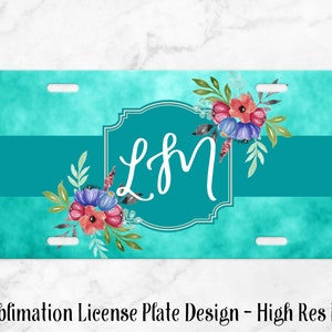 License Plate Sublimation Template - Car Tag Design - Aqua Floral PNG - Instant Download, Digital File