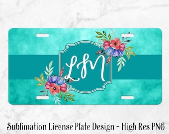 License Plate Sublimation Template - Car Tag Design - Aqua Floral PNG - Instant Download, Digital File