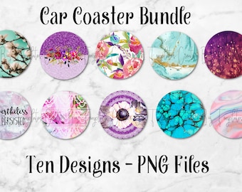 Car Coaster Design Bundle, Sublimation Graphics, Colorful Round PNG Set, Instant Digital Download