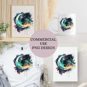Celestial Moon Watercolor PNG, Crescent Moon Sublimation Design, Commercial Use PNG Clipart image 3