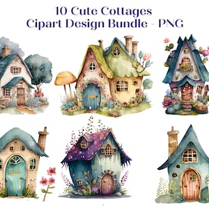Cute Cottage Clipart, Watercolor Houses, Cozy Cottages Bundle, PNG For Commercial Use