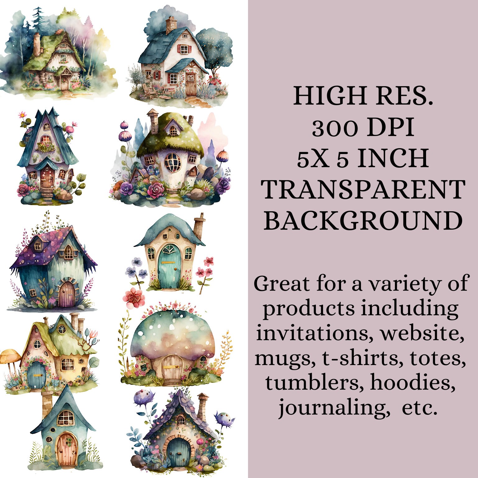 Cute Cottage Clipart, Watercolor Houses, Cozy Cottages Bundle, PNG for ...