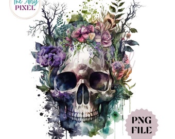 Floral Skull PNG, Gothic Sublimation Design, Witchy Clipart, Commercial Use Design