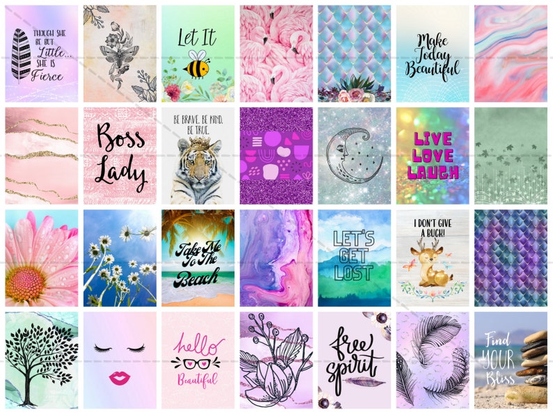 May include: A digital collage of 16 colorful images with inspirational quotes and designs. The images include a pink flamingo, a tiger, a beach scene, a moon, a deer, a tree, a flower, and more.