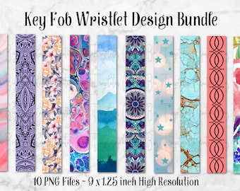 May include: A set of 10 digital designs for key fob wristlets. The designs include a variety of patterns, including floral, geometric, and abstract. The designs are in high resolution and are 9 inches by 1.25 inches.