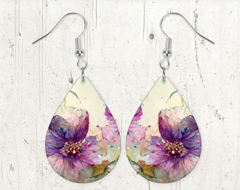 Teardrop Sublimation Earring Designs, Purple Floral PNG, Instant Digital Download, Earring Blanks Design