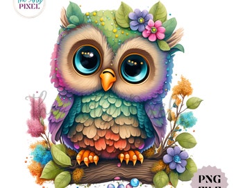 May include: A colorful cartoon owl with large blue eyes, perched on a branch with flowers and leaves. The owl has a rainbow-colored body and a green head with a flower crown.