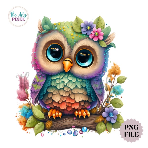 Cute Owl Clipart, Colorful Owl PNG, Big Eyed Owl Graphic, Owl Sublimation For Commercial Use