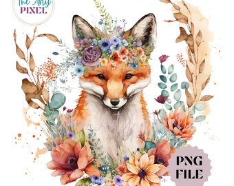 Floral Fox Watercolor PNG, Cute Fox Clipart, Sublimation Design, Commercial Use Design