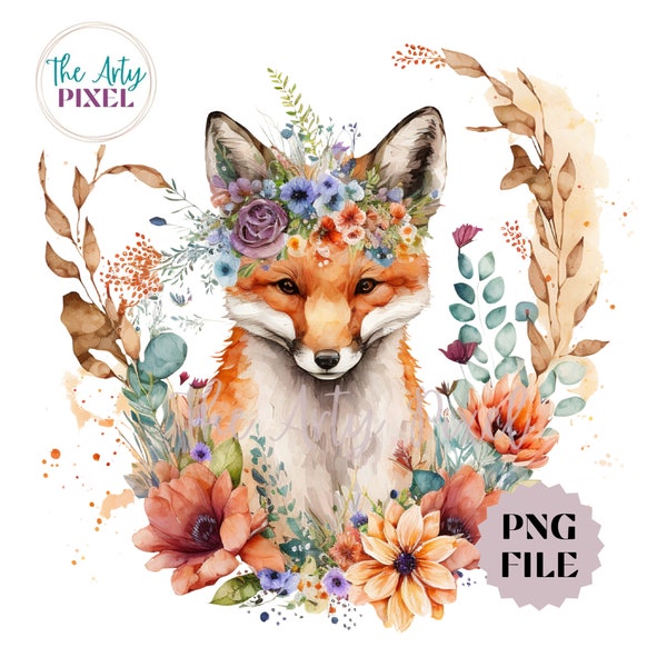 Floral Fox Watercolor PNG, Cute Fox Clipart, Sublimation Design, Commercial Use Design